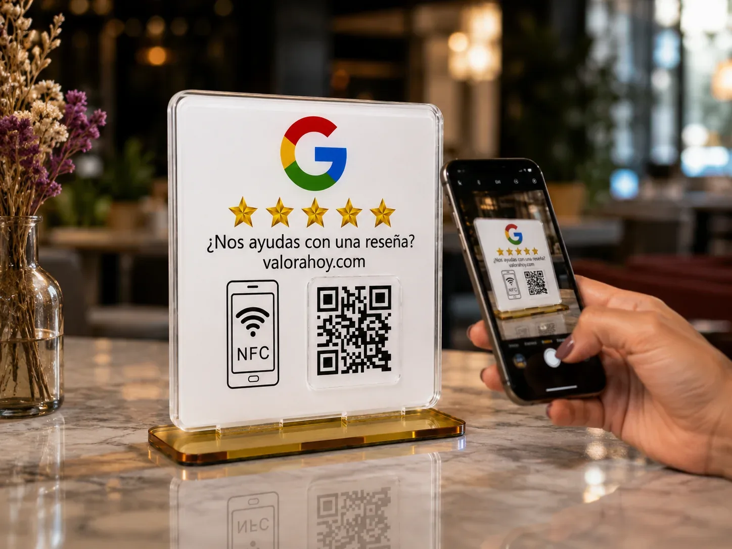Cliente escaneando una tarjeta QR ValoraHoy para dejar una reseña en Google.