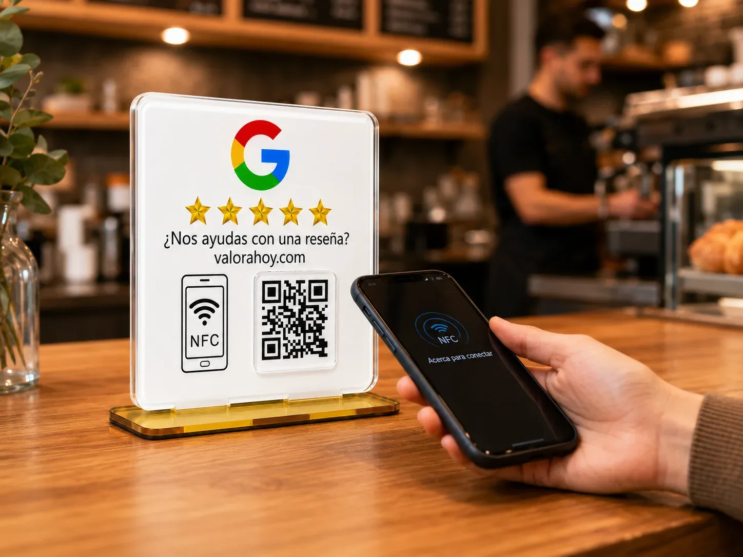 Cliente utilizando NFC para acceder desde su teléfono a las reseñas de Google.