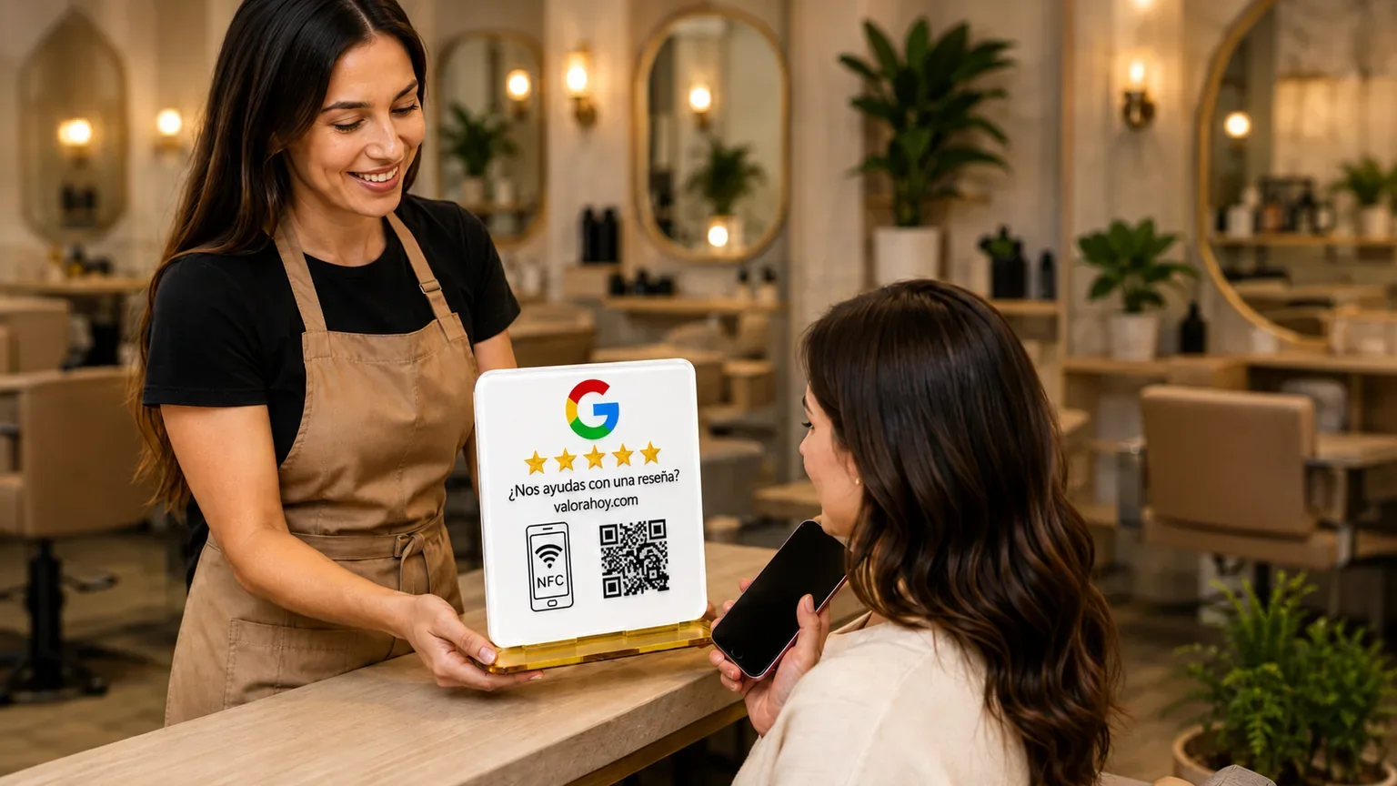 Trabajadora de un salón mostrando el soporte ValoraHoy a una clienta con un teléfono.