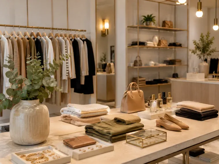 Boutique elegante y luminosa con productos organizados.