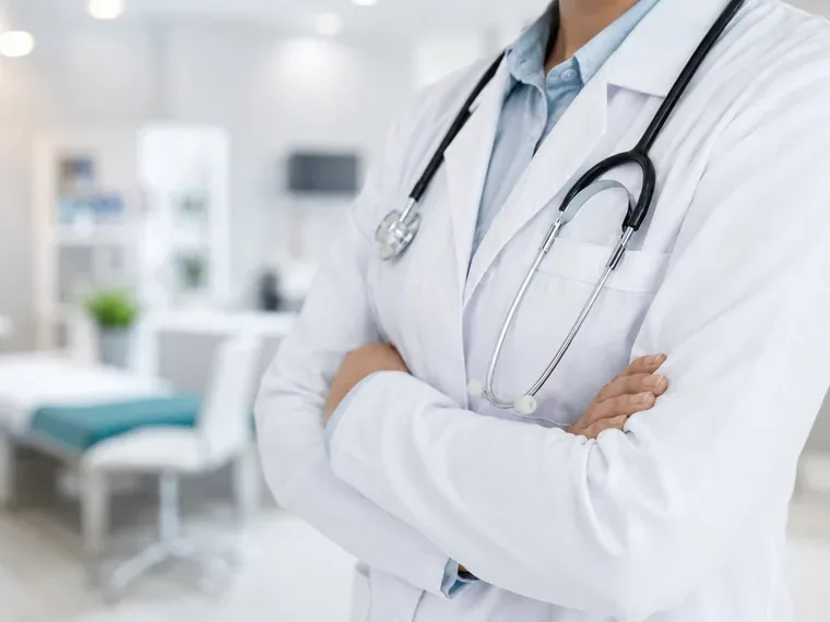 Profesional de salud con bata y estetoscopio dentro de una clínica.