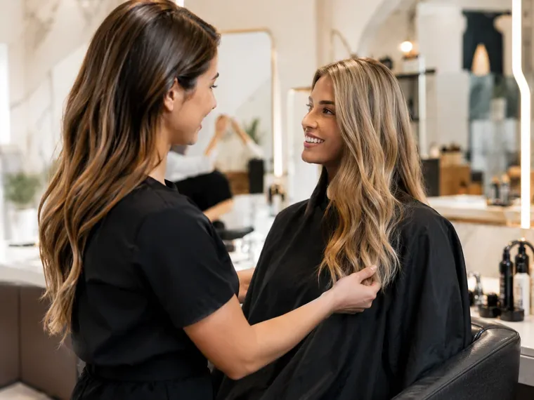 Estilista atendiendo a una clienta dentro de un salón de belleza.
