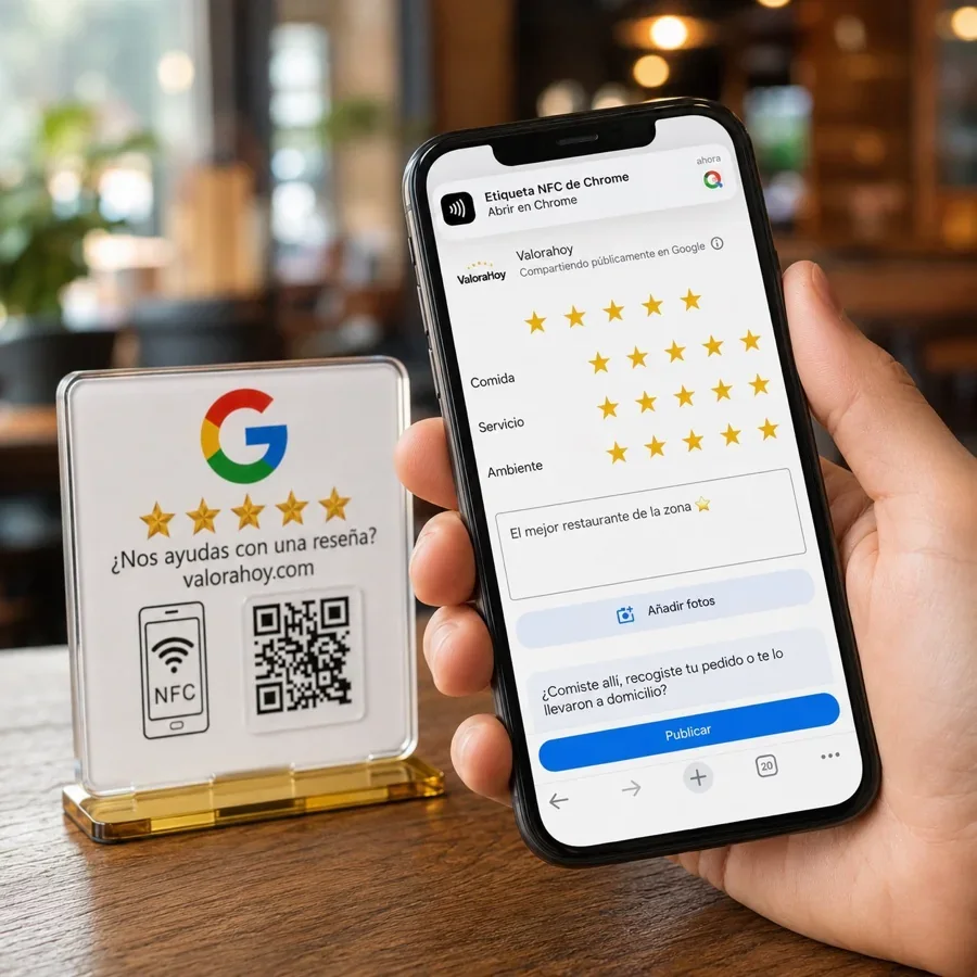 Cliente utilizando una tarjeta NFC ValoraHoy para dejar una reseña en Google.